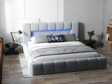 Pat dormitor dumonde, tapitat gri cu LED si USB, Palermo 160x200 cm, somiera rabatabila inclusa, spatiu depozitare WLS