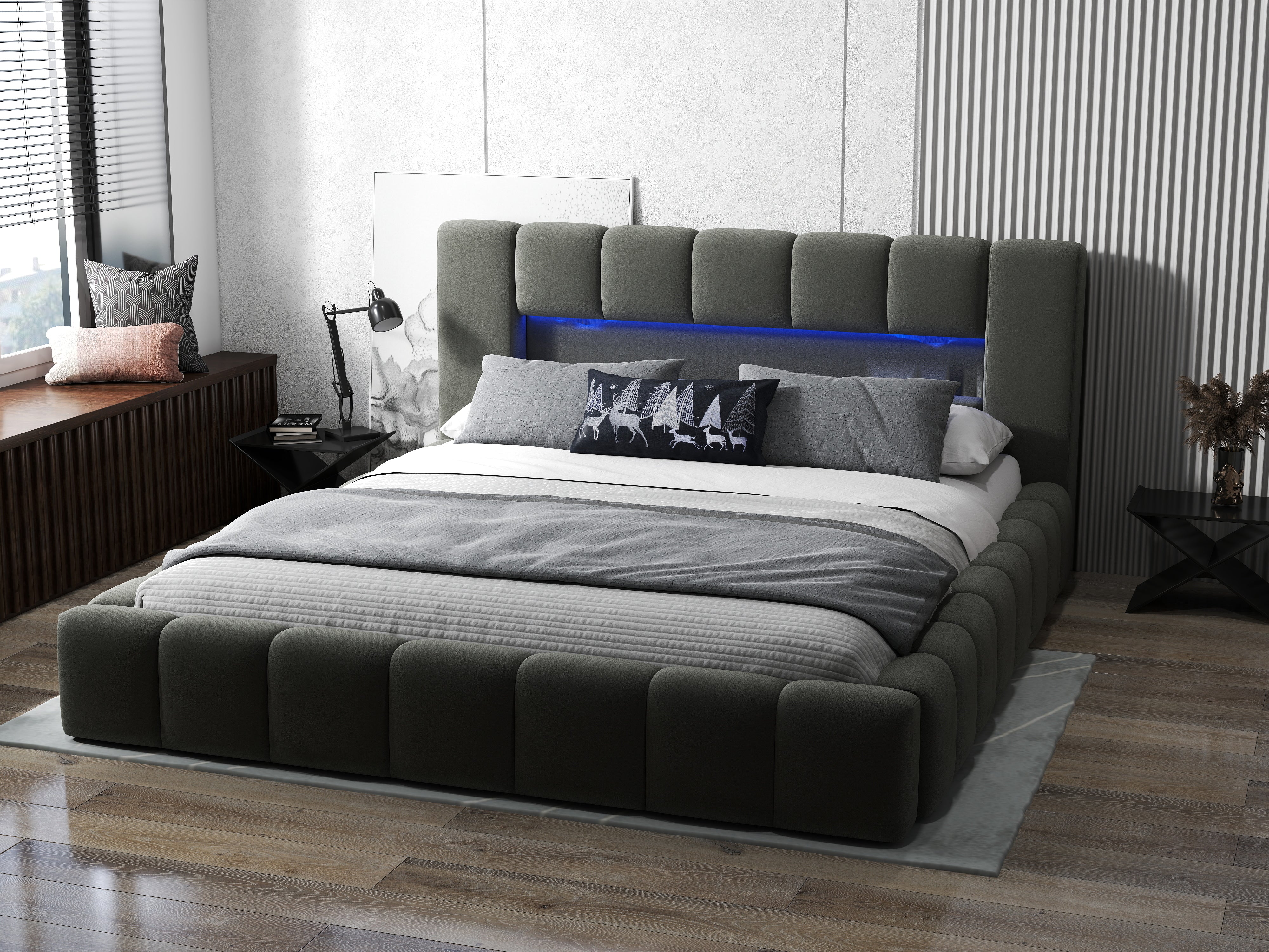 Pat dormitor dumonde, tapitat gri cu LED si USB, Palermo 160x200 cm, somiera rabatabila inclusa, spatiu depozitare WLS