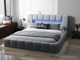 Pat dormitor dumonde, tapitat gri cu LED si USB, Palermo 160x200 cm, somiera rabatabila inclusa, spatiu depozitare WLS