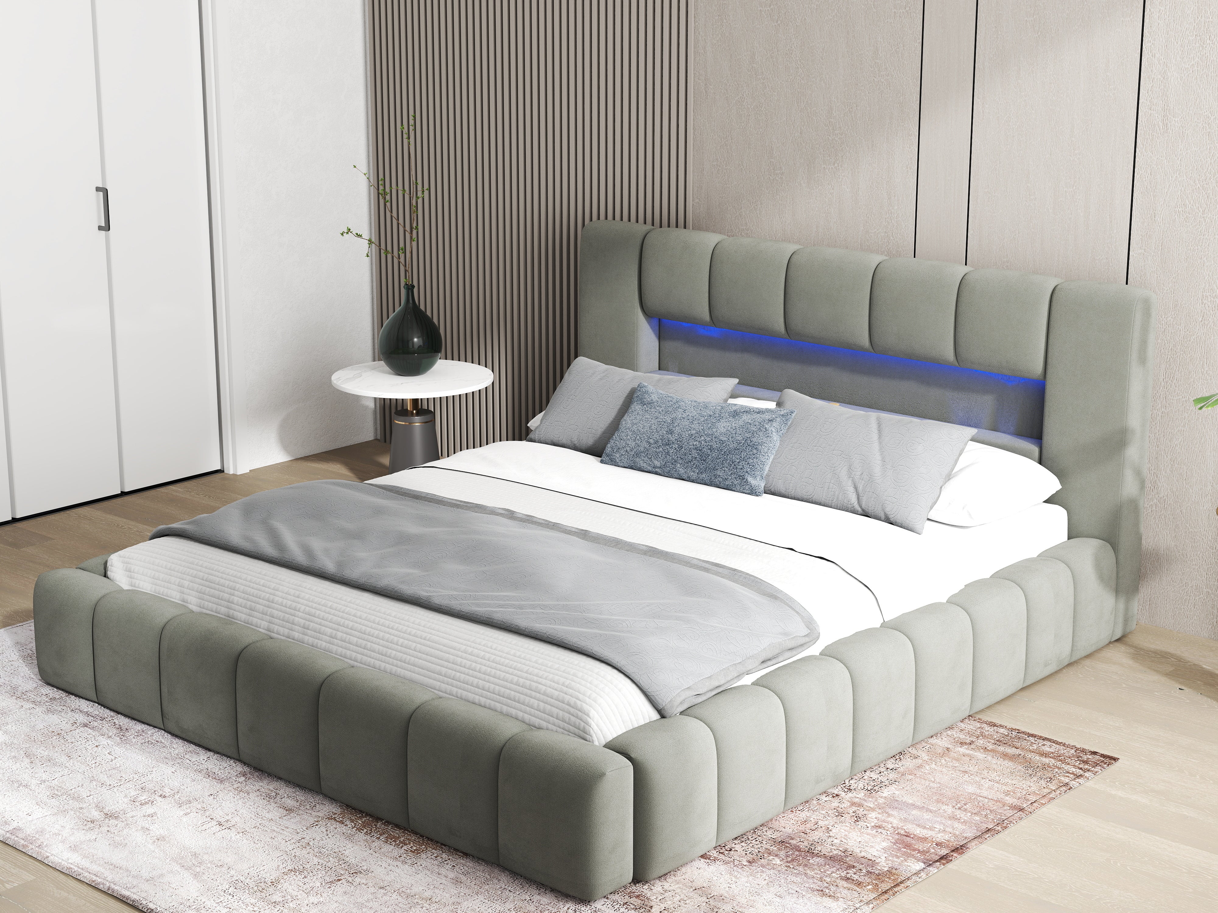 Pat dormitor dumonde, tapitat gri cu LED si USB, Palermo 140x200 cm, somiera rabatabila inclusa, spatiu depozitare WLS