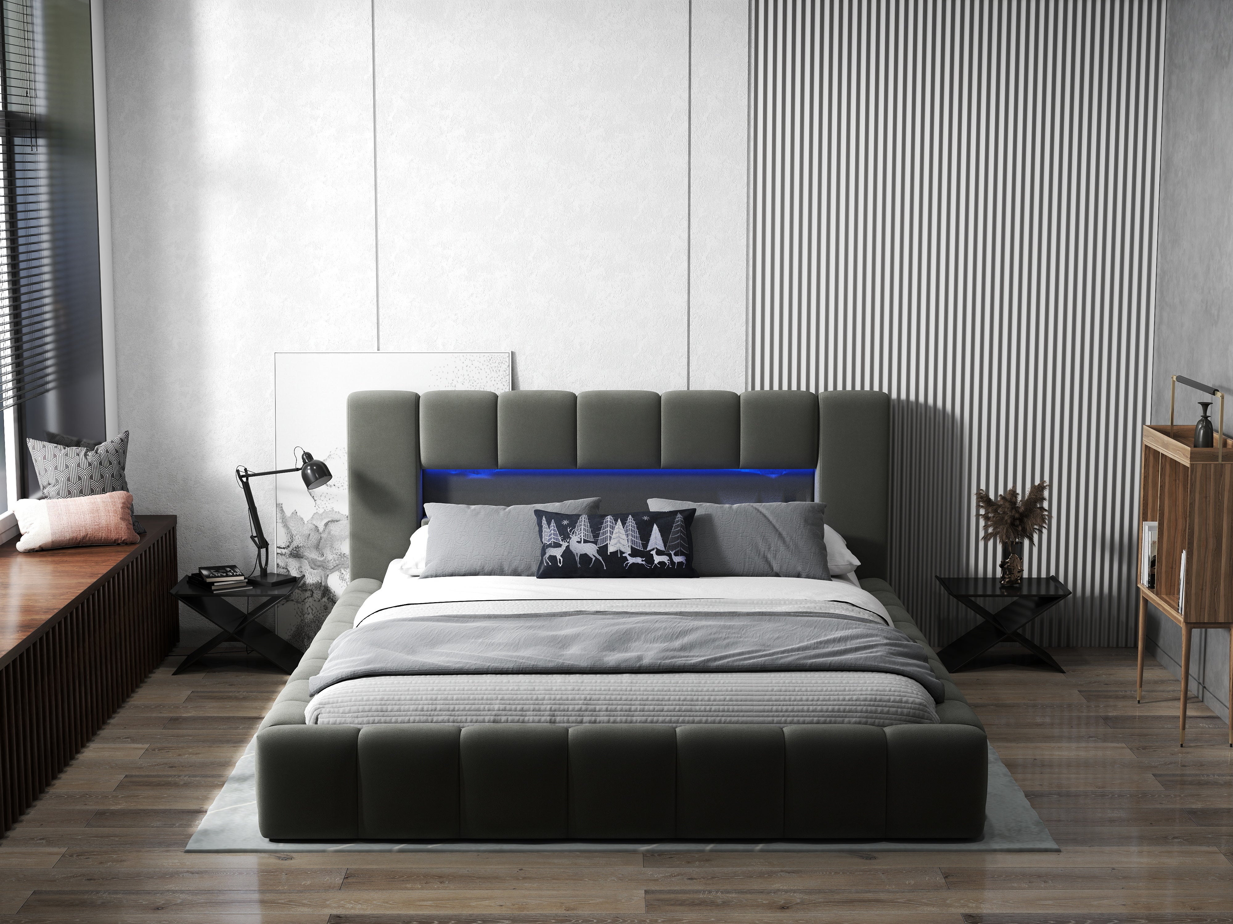 Pat dormitor dumonde, tapitat gri cu LED si USB, Palermo 160x200 cm, somiera rabatabila inclusa, spatiu depozitare WLS