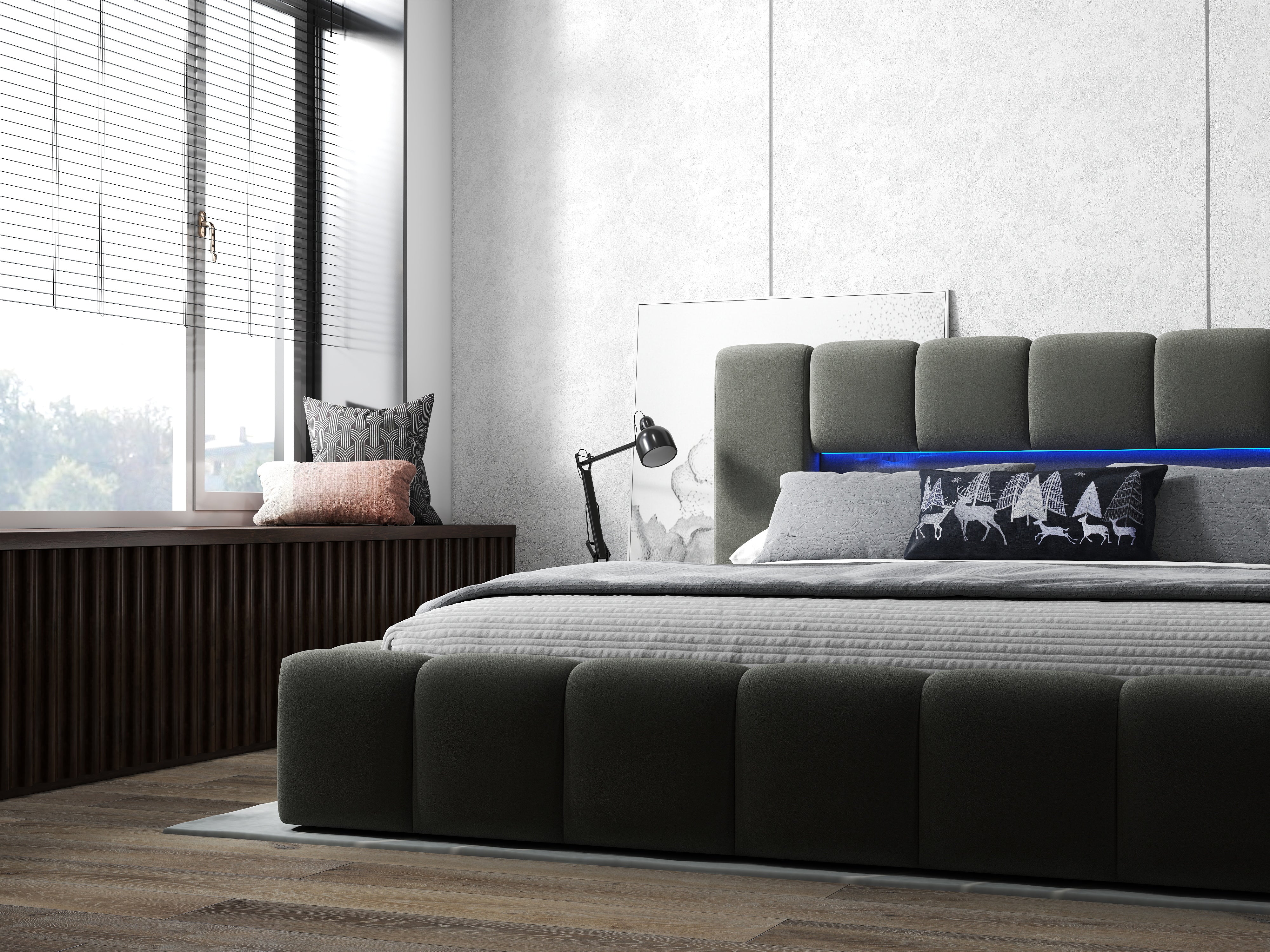 Pat dormitor dumonde, tapitat gri cu LED si USB, Palermo 160x200 cm, somiera rabatabila inclusa, spatiu depozitare WLS