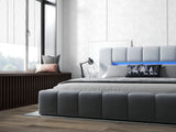 Pat dormitor dumonde, tapitat gri cu LED si USB, Palermo 160x200 cm, somiera rabatabila inclusa, spatiu depozitare WLS