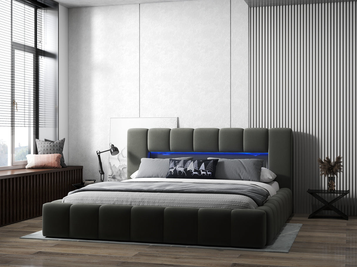 Pat dormitor dumonde, tapitat gri cu LED si USB, Palermo 160x200 cm, somiera rabatabila inclusa, spatiu depozitare WLS