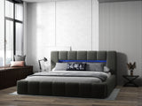 Pat dormitor dumonde, tapitat gri cu LED si USB, Palermo 160x200 cm, somiera rabatabila inclusa, spatiu depozitare WLS