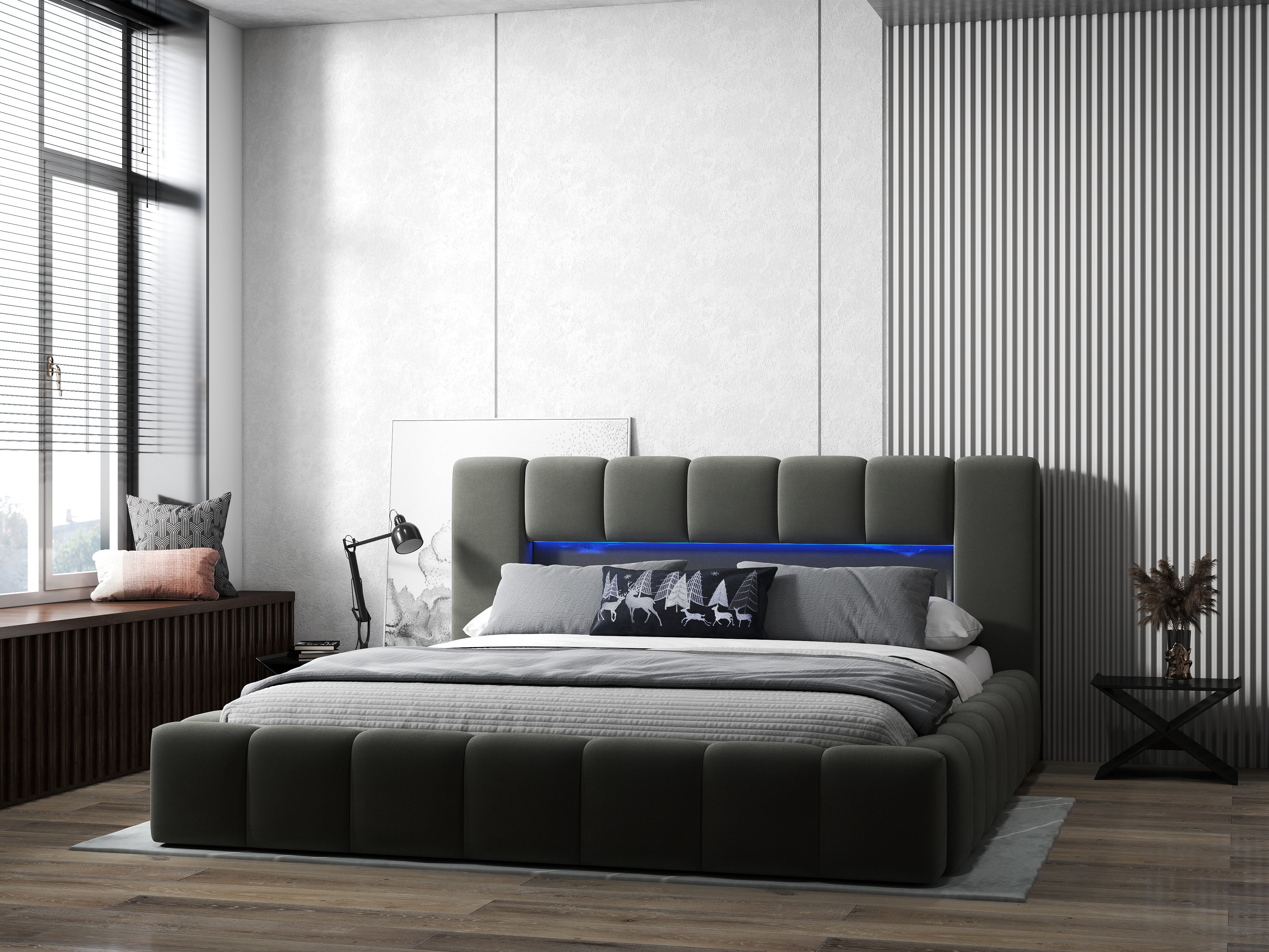 Pat dormitor dumonde, tapitat gri cu LED si USB, Palermo 160x200 cm, somiera rabatabila inclusa, spatiu depozitare WLS