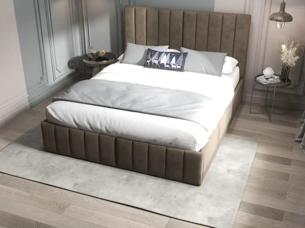 Pat dormitor dumonde, tapitat maro, Santiago 180x200 cm, somiera rabatabila inclusa, spatiu depozitare