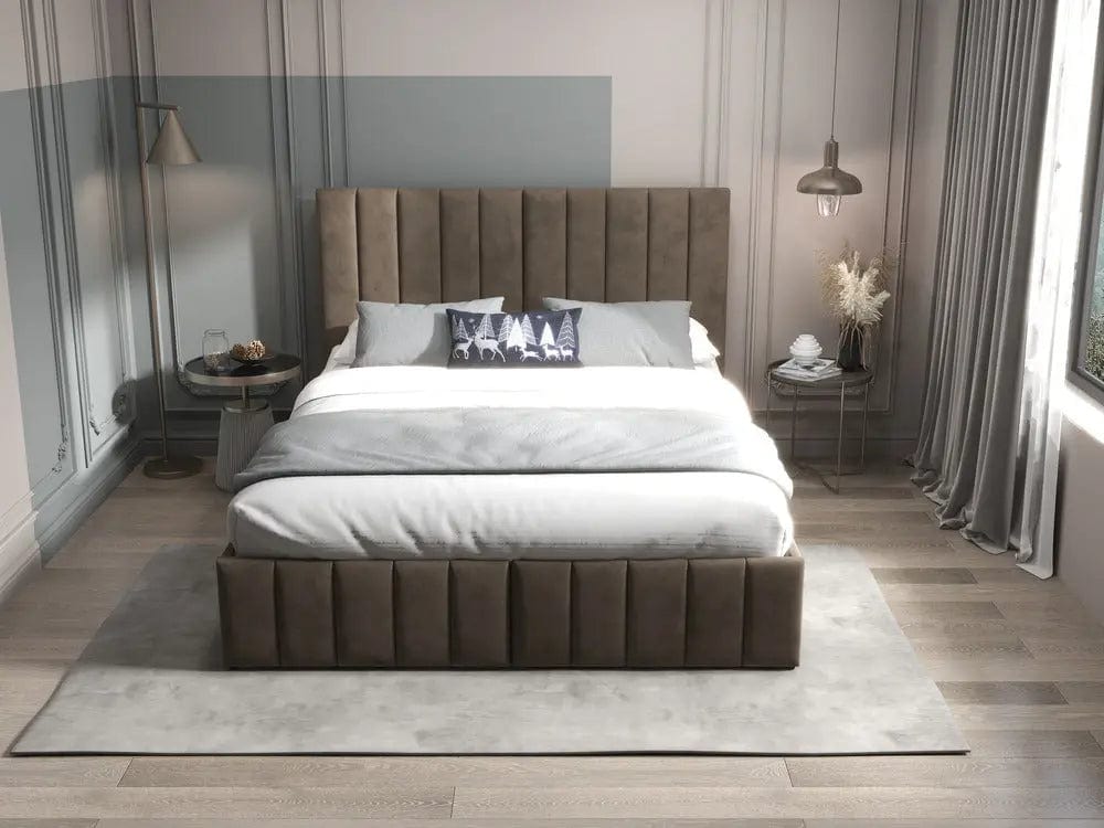 Pat dormitor dumonde, tapitat maro, Santiago 180x200 cm, somiera rabatabila inclusa, spatiu depozitare