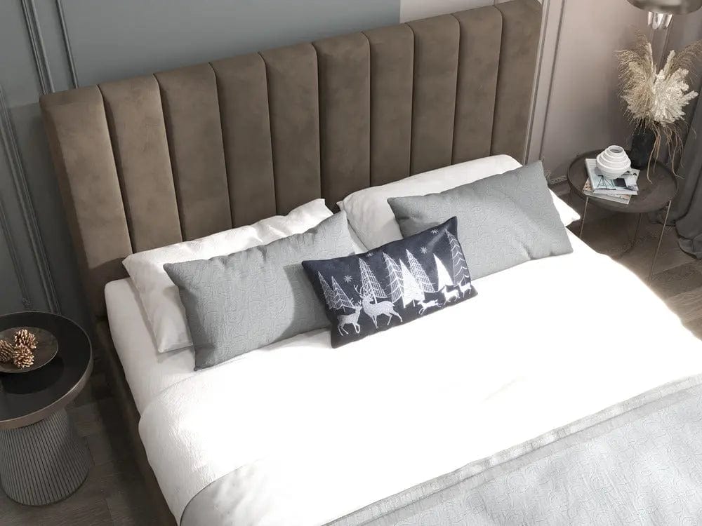 Pat dormitor dumonde, tapitat maro, Santiago 180x200 cm, somiera rabatabila inclusa, spatiu depozitare