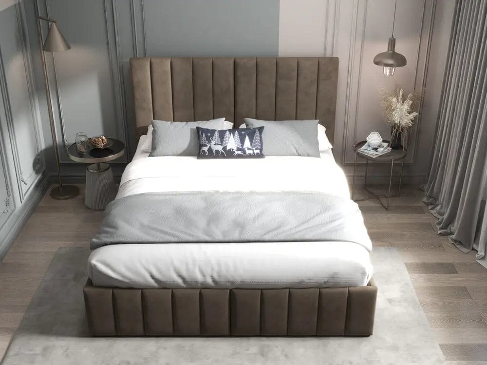 Pat dormitor dumonde, tapitat maro, Santiago 180x200 cm, somiera rabatabila inclusa, spatiu depozitare