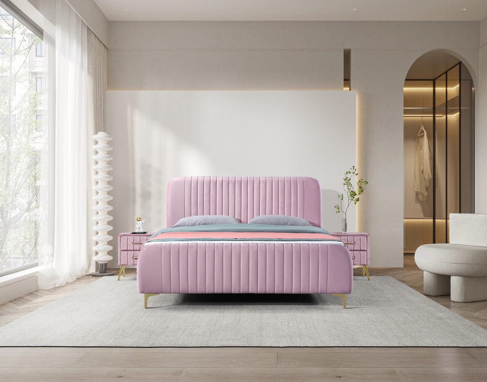 Pat dormitor dumonde, tapitat roz, Orlando 180x200 cm, lada depozitare, somiera rabatabila inclusa CRNB