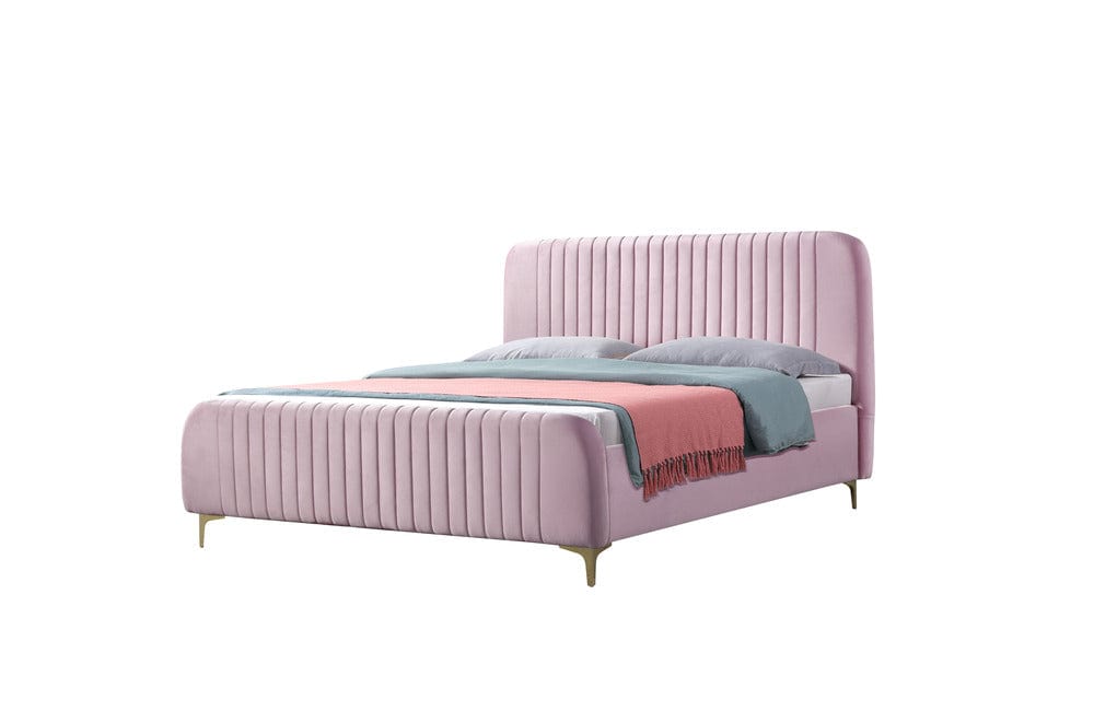 Pat dormitor dumonde, tapitat roz, Orlando 180x200 cm, lada depozitare, somiera rabatabila inclusa CRNB