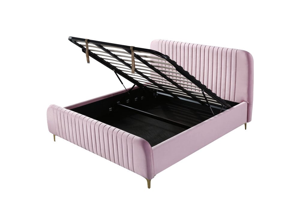 Pat dormitor dumonde, tapitat roz, Orlando 180x200 cm, lada depozitare, somiera rabatabila inclusa CRNB