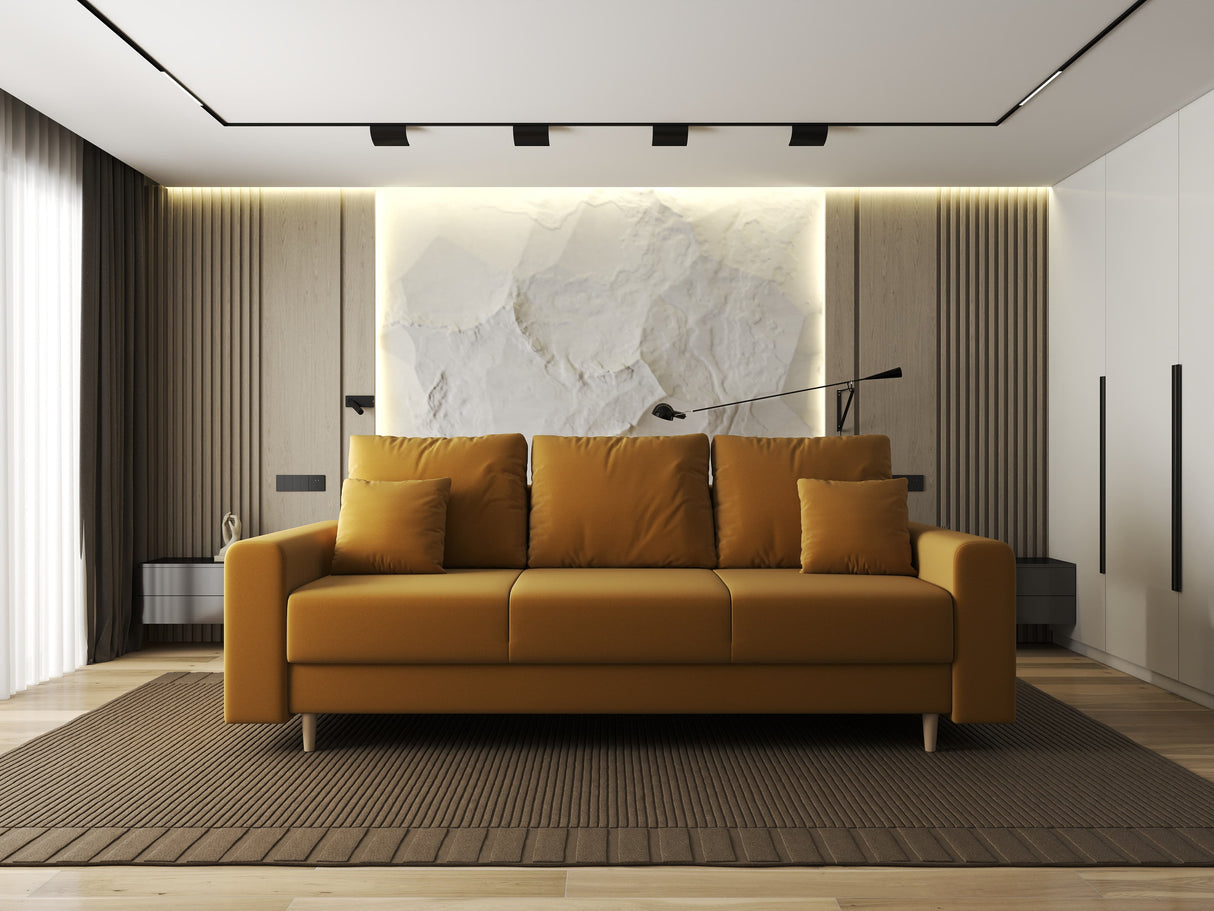 Canapea extensibilă dumonde cu ladă de depozitare si sezut confortabil din spuma HR, Kronos Royal Mustar 210x100 cm fabrica