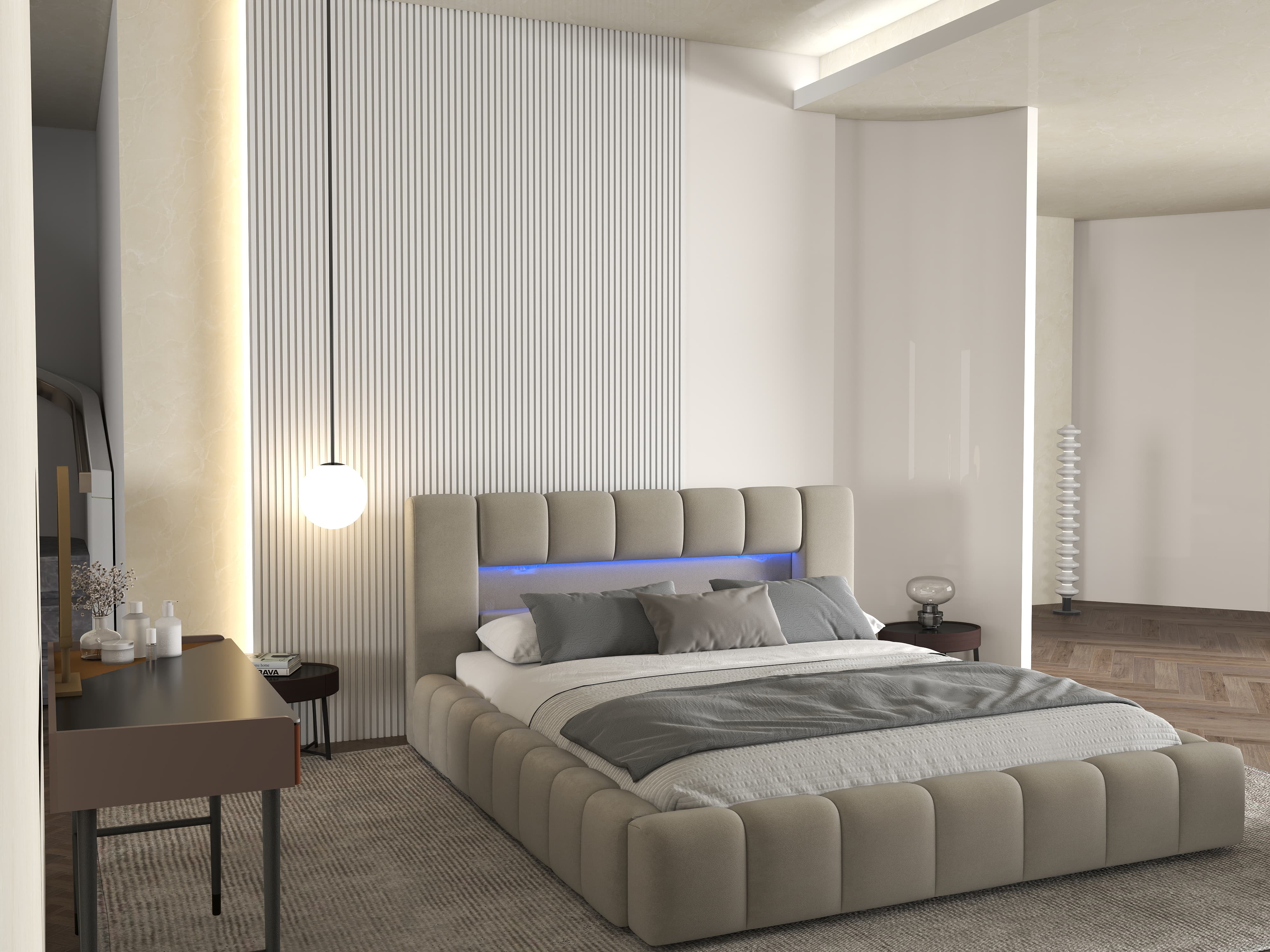 Pat dormitor dumonde, tapitat bej cu LED si USB, Palermo 180x200 cm, somiera rabatabila inclusa, spatiu depozitare