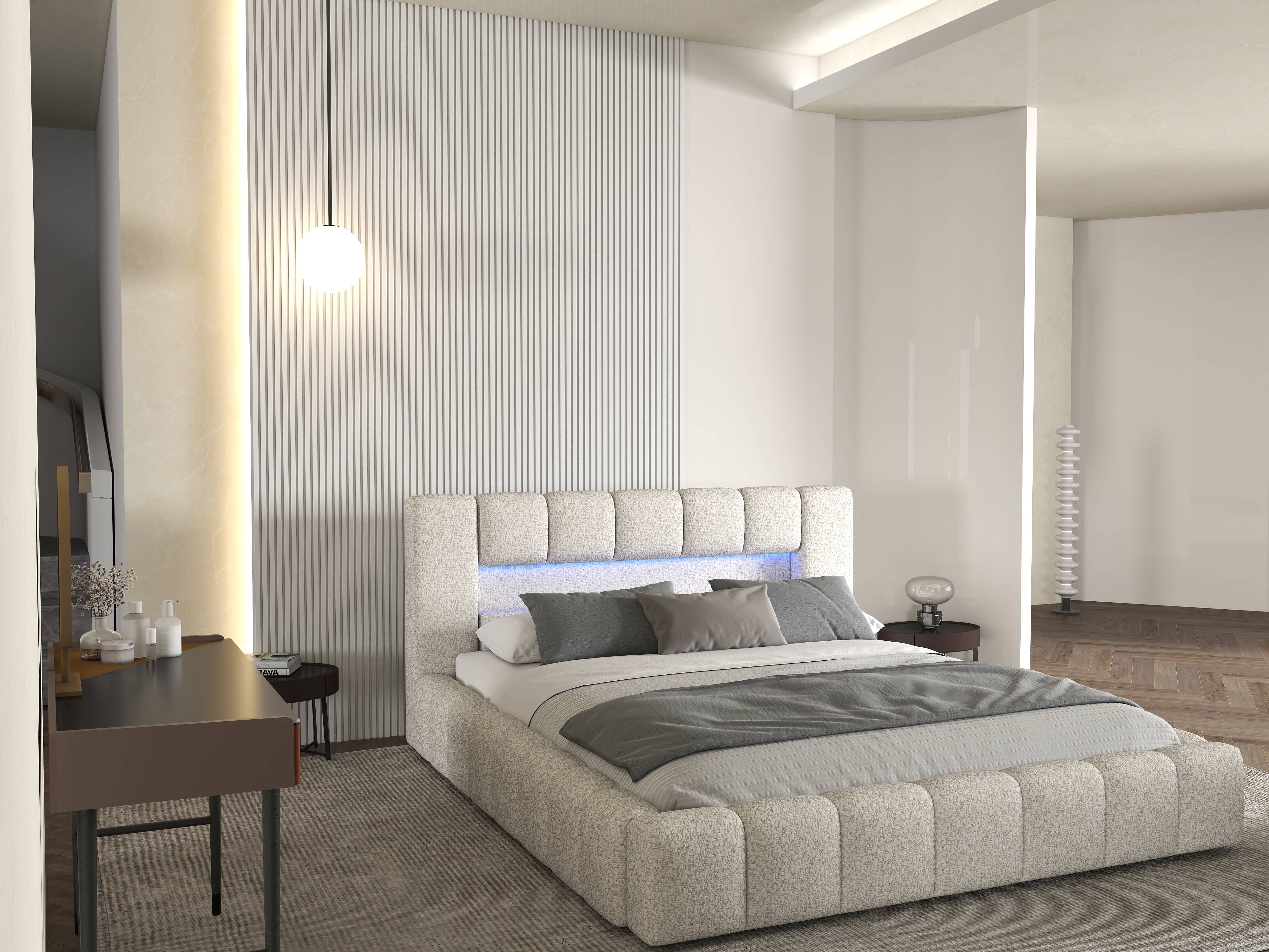 Pat dormitor dumonde, tapitat alb cu LED si USB, Palermo 180x200 cm, somiera rabatabila inclusa, spatiu depozitare