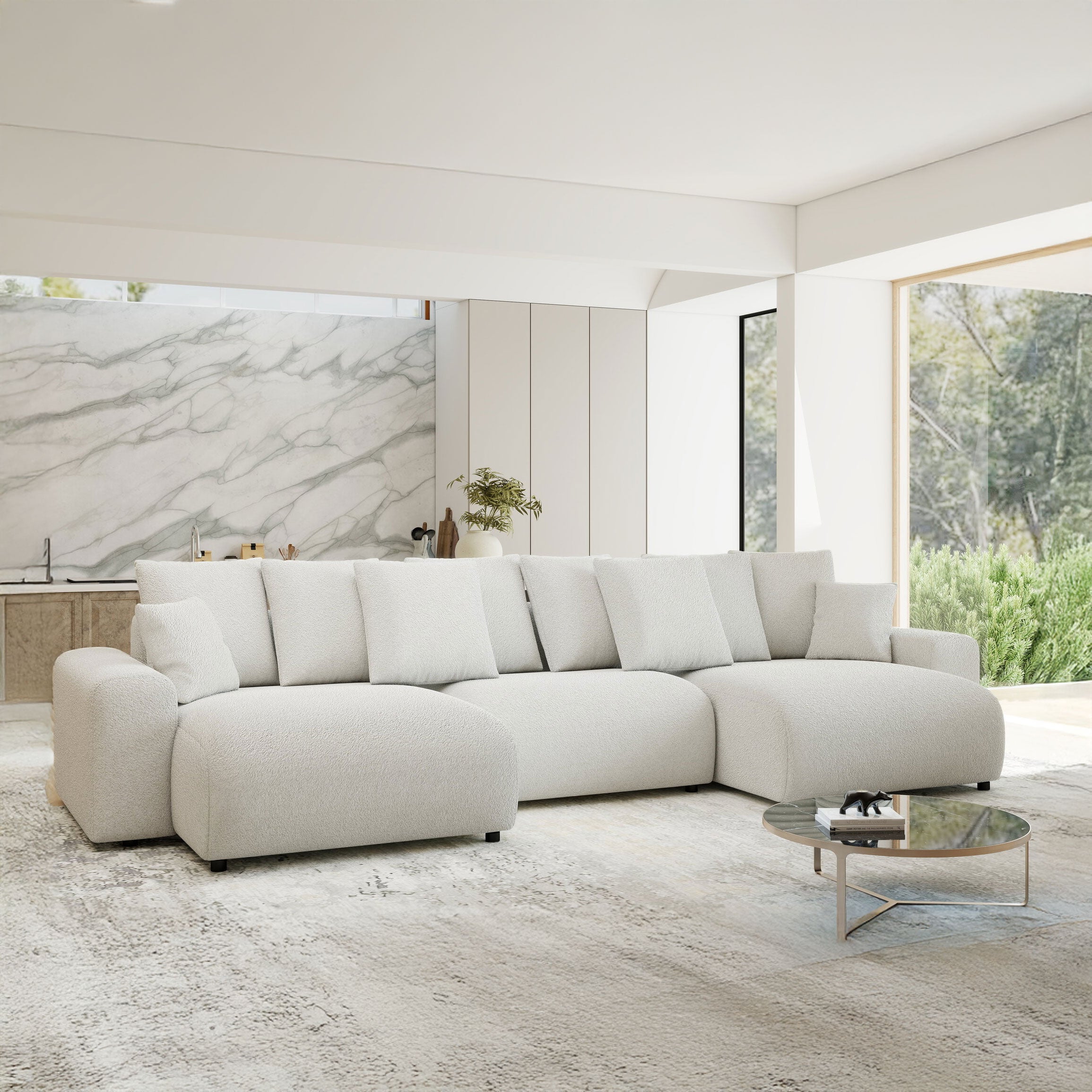 Colțar extensibil dumonde cu ladă de depozitare si sezut confortabil din spuma HR, Luma U Euphoria Alb 336x140 cm