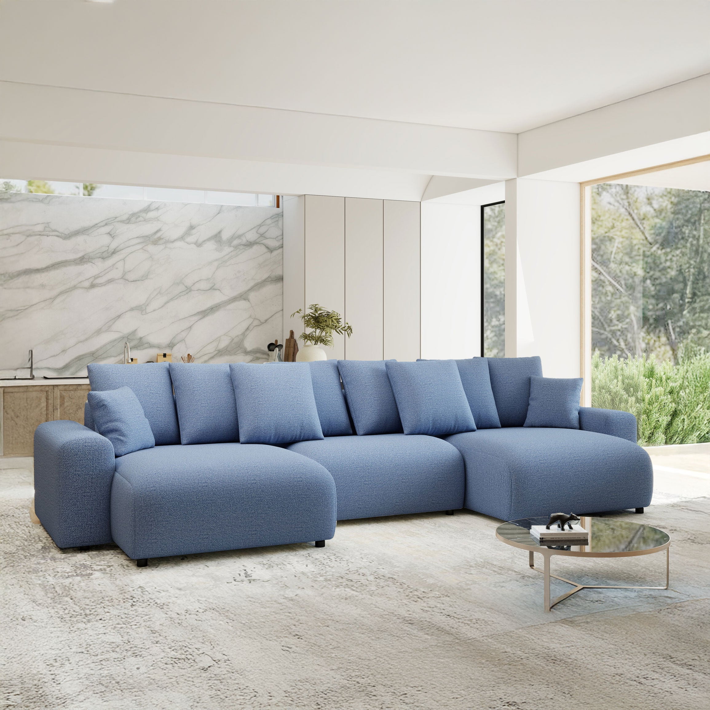 Colțar extensibil dumonde cu ladă de depozitare si sezut confortabil din spuma HR, Luma U Enjoy Albastru 336x140 cm