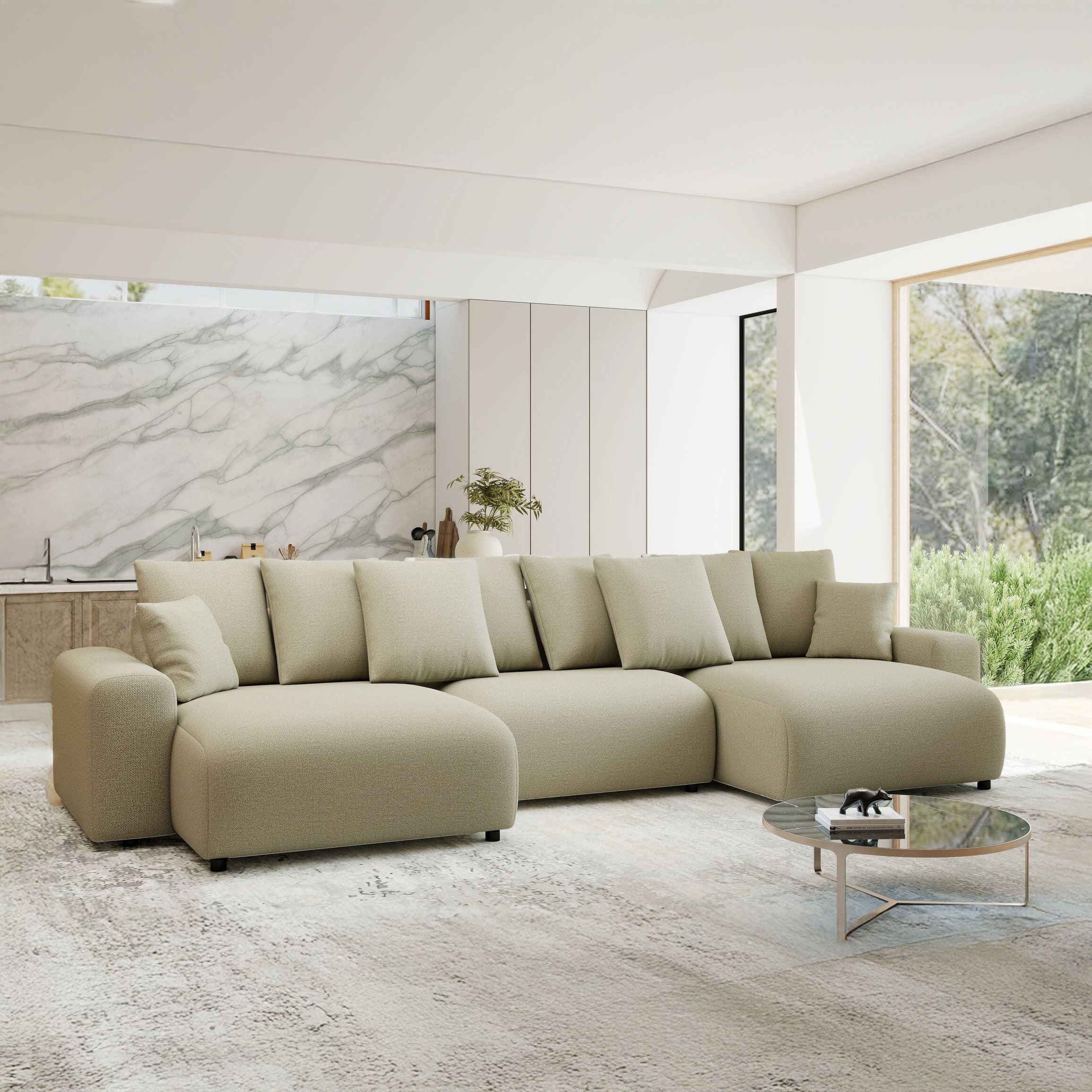 Colțar extensibil dumonde cu ladă de depozitare si sezut confortabil din spuma HR, Luma U Enjoy Bej 336x140 cm