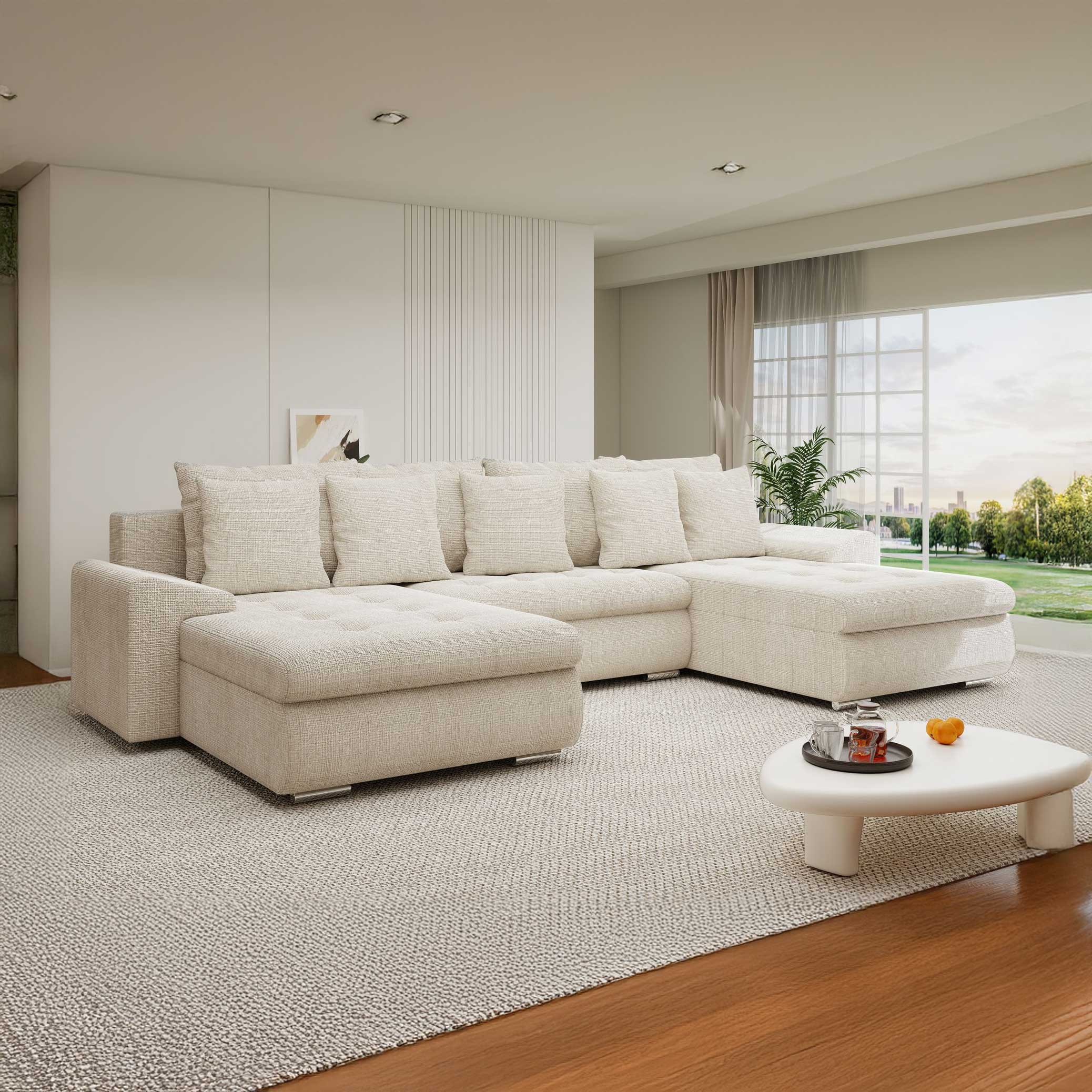 Colțar extensibil dumonde cu ladă de depozitare si sezut confortabil din spuma high-density, Leonardo U Cremona Gri Deschis 02 360x185 cm