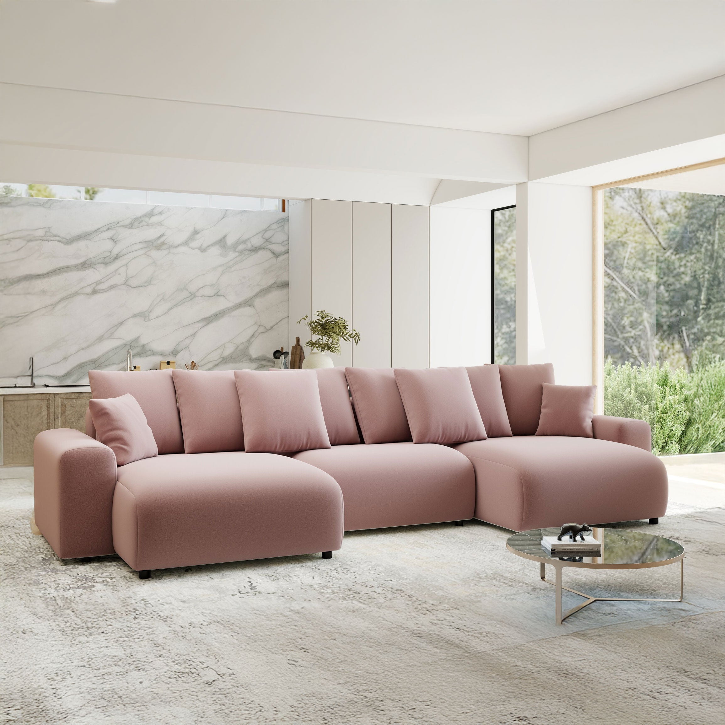 Colțar extensibil dumonde cu ladă de depozitare si sezut confortabil din spuma HR, Luma U Royal Roz 336x140 cm