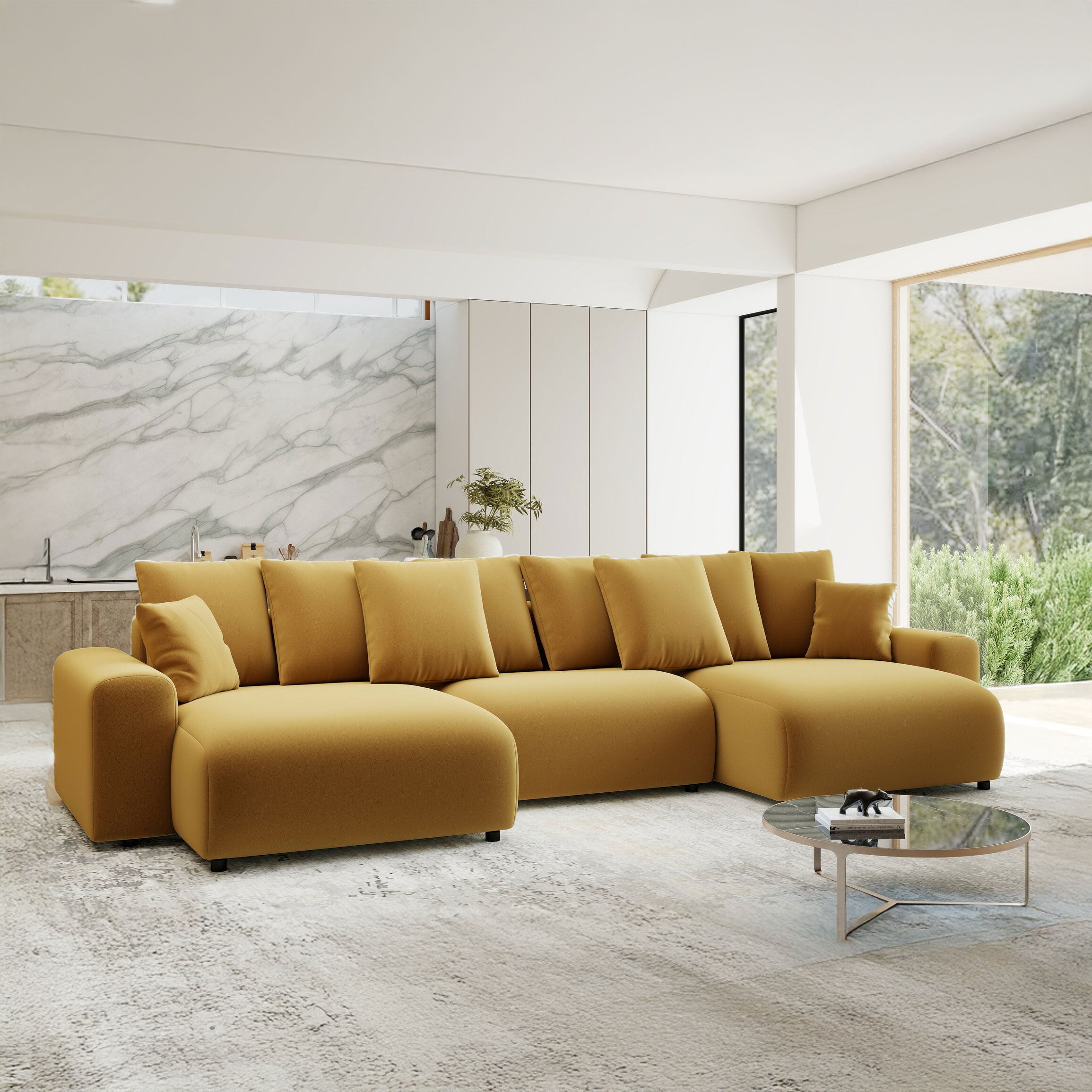 Colțar extensibil dumonde cu ladă de depozitare si sezut confortabil din spuma HR, Luma U Royal Mustar 336x140 cm