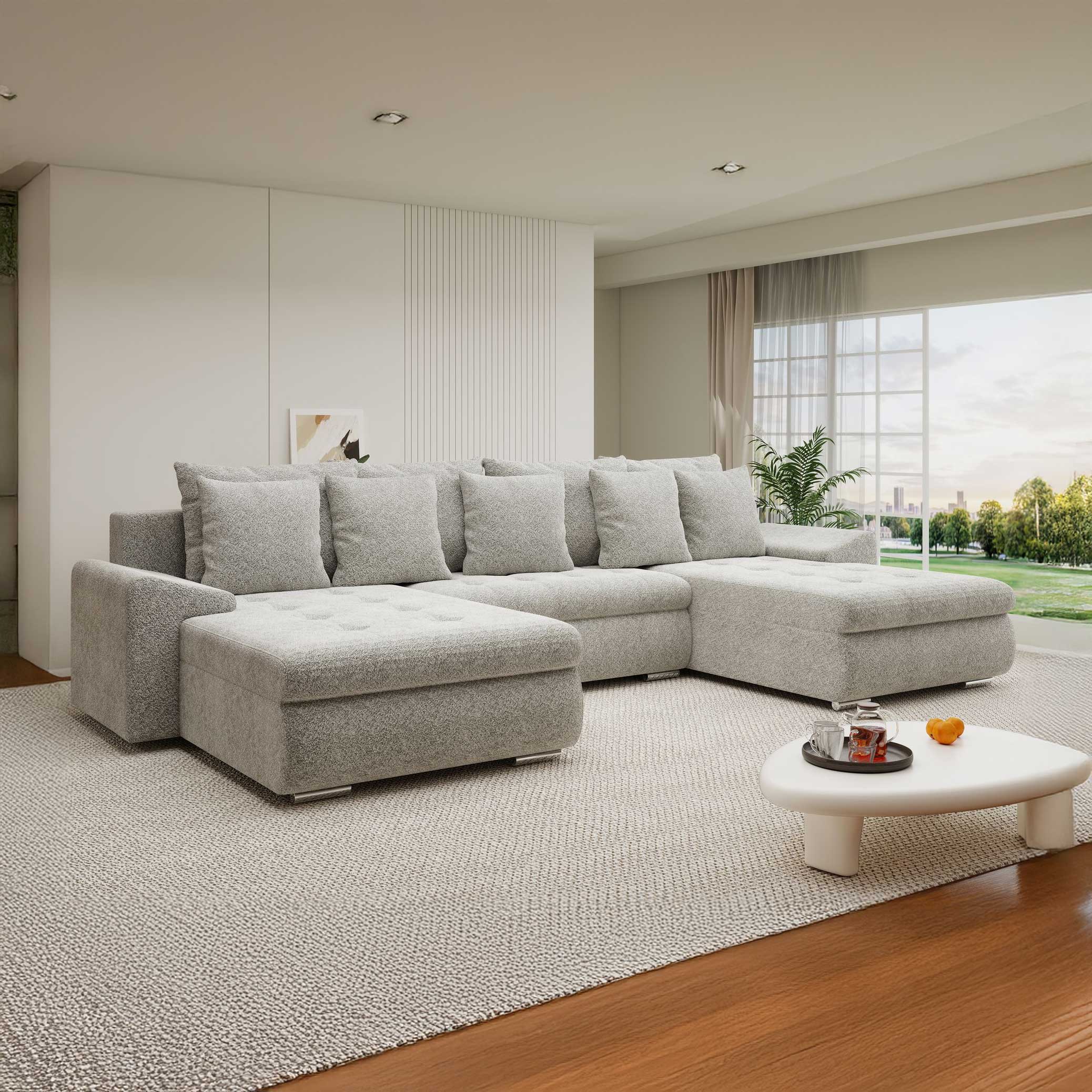 Colțar extensibil dumonde cu ladă de depozitare si sezut confortabil din spuma high-density, Leonardo U Arena Bej 02 360x185 cm