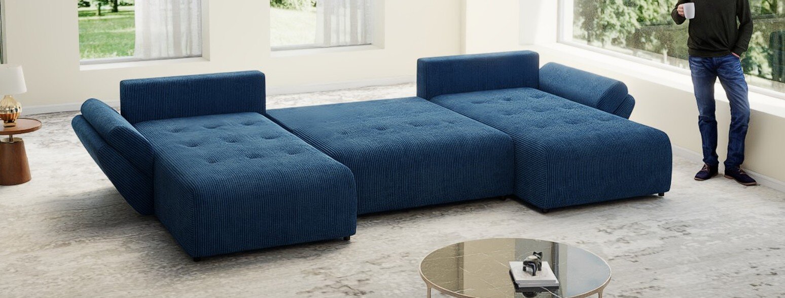 Colțar extensibil dumonde cu ladă de depozitare Berlin U Zoom Blue 400x185 cm