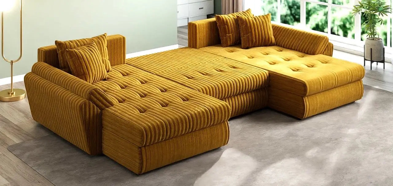 Colțar extensibil dumonde cu ladă de depozitare si sezut confortabil din spuma HR, Loana U Ambience Mustar 355x185 cm Fabrica