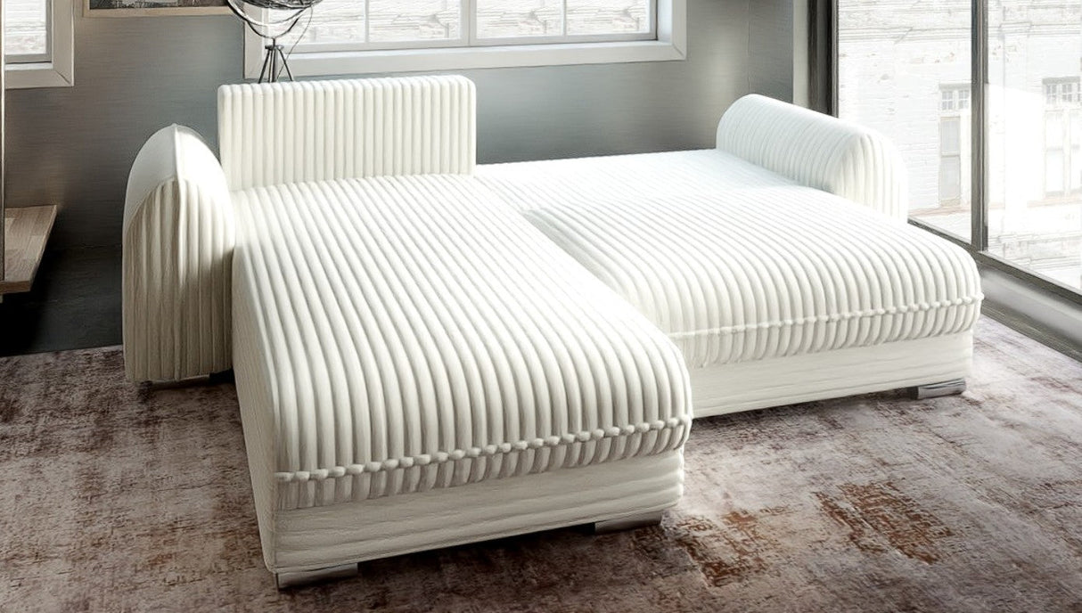 Colțar extensibil dumonde cu ladă de depozitare si sezut confortabil din spuma HR, Denver Ambience Alb 275x185 cm Fabrica