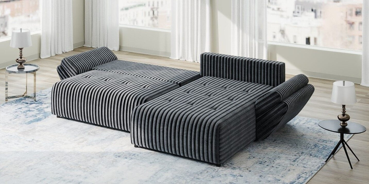 Colțar extensibil dumonde cu ladă de depozitare si sezut confortabil din spuma HR, Berlin Ambience Gri 280x185 cm