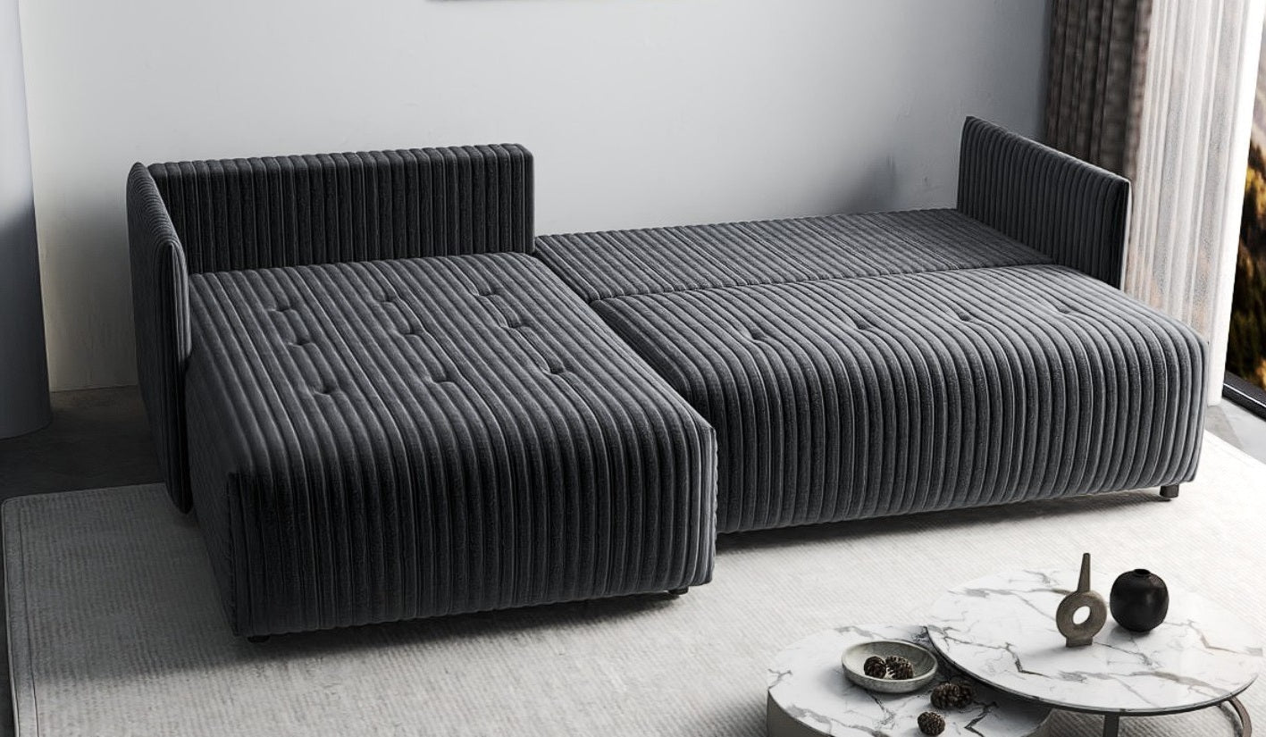 Colțar extensibil dumonde cu ladă de depozitare si sezut confortabil din spuma HR, Malta Ambience Grey 235x185 cm Fabrica