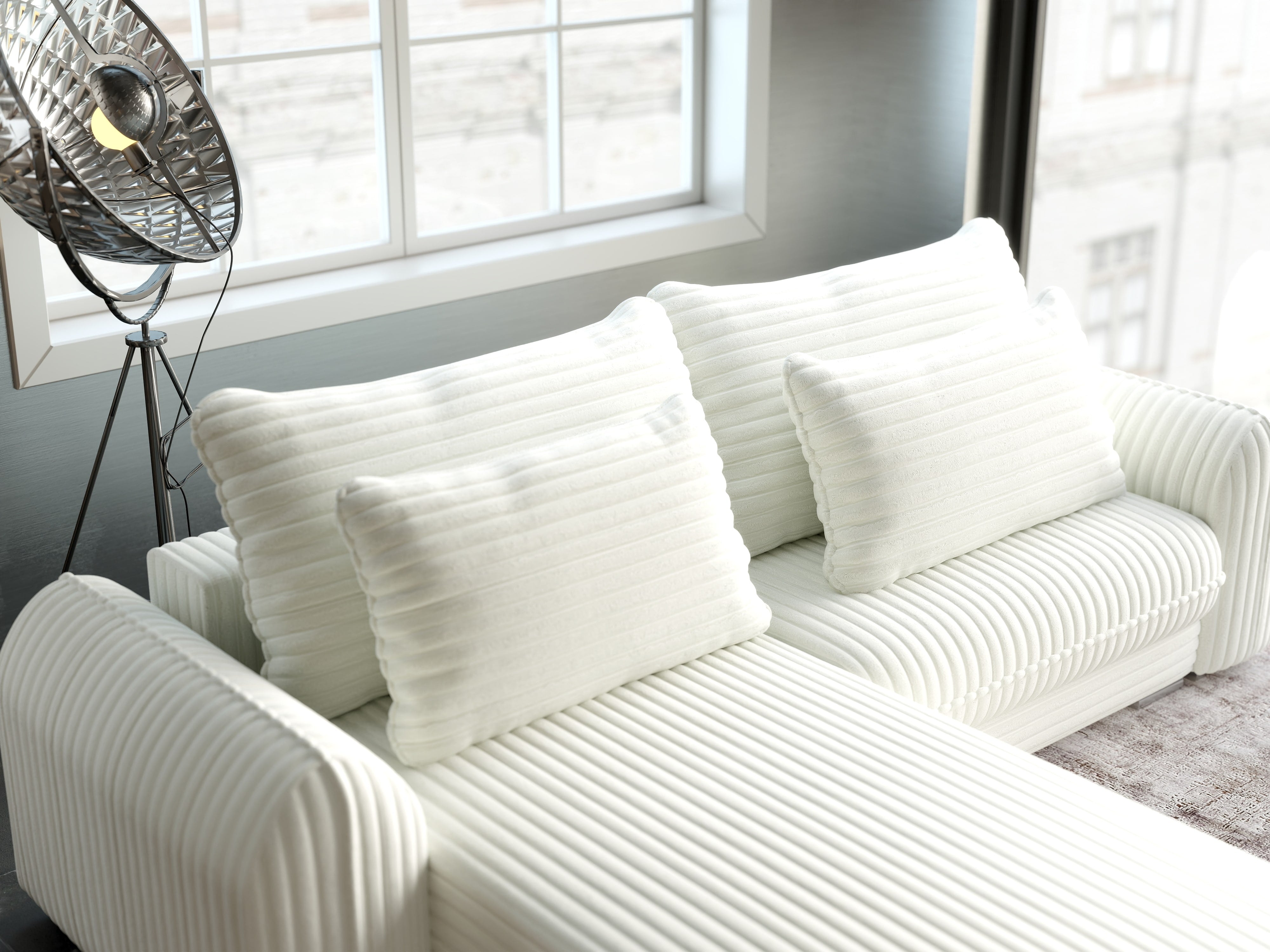 Colțar extensibil dumonde cu ladă de depozitare si sezut confortabil din spuma HR, Denver Ambience Ivory 275x185 cm Fabrica