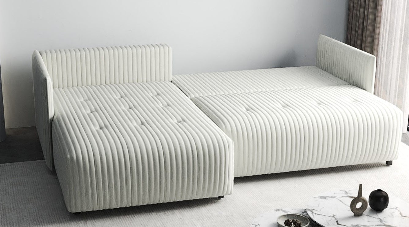 Colțar extensibil dumonde cu ladă de depozitare si sezut confortabil din spuma HR, Malta Ambience White 235x185 cm Fabrica
