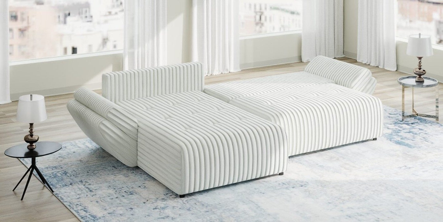 Colțar extensibil dumonde cu ladă de depozitare si sezut confortabil din spuma HR, Berlin Ambience Alb 280x185 cm II