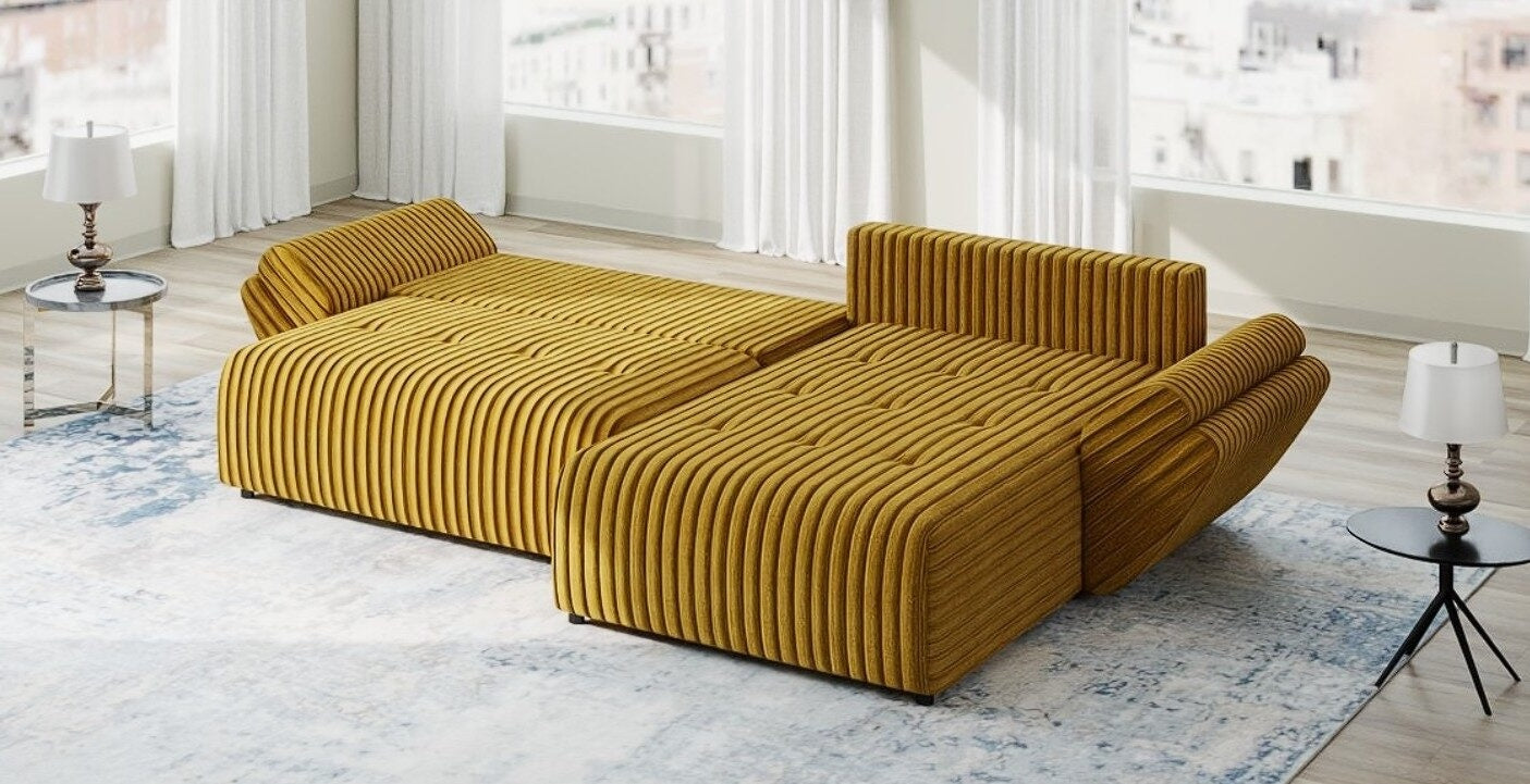 Colțar extensibil dumonde cu ladă de depozitare si sezut confortabil din spuma HR, Berlin Ambience Mustar 280x185 cm