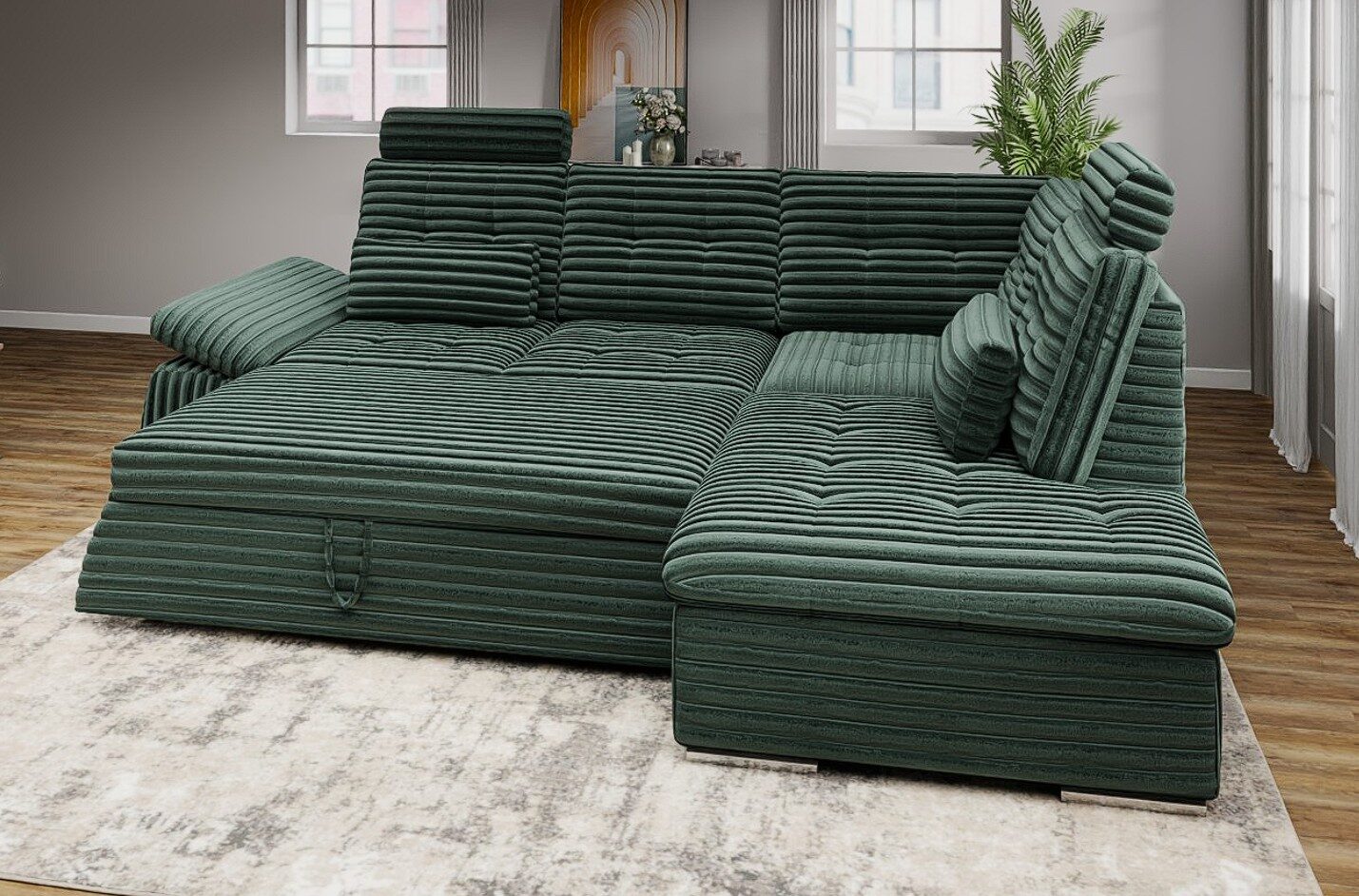 Colțar extensibil dumonde cu ladă de depozitare și șezut confortabil din spumă HR, Merkur XL Ambience Verde 256x217 cm II