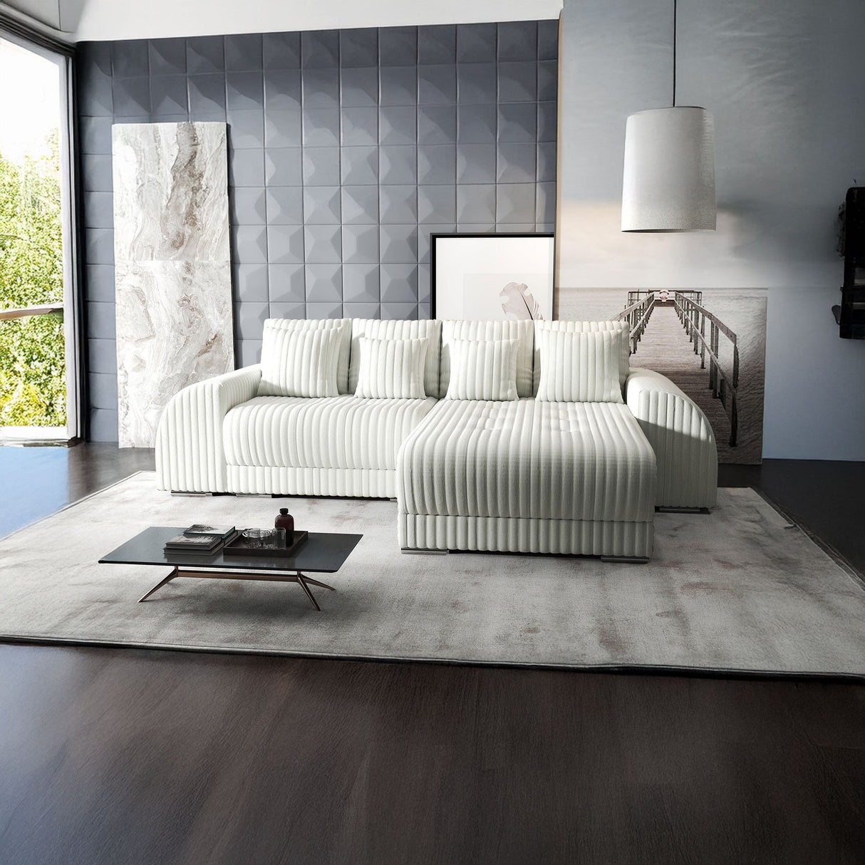 Colțar extensibil dumonde cu ladă de depozitare si sezut confortabil din spuma HR, Verona Ambience Alb II 290x185 cm Fabrica
