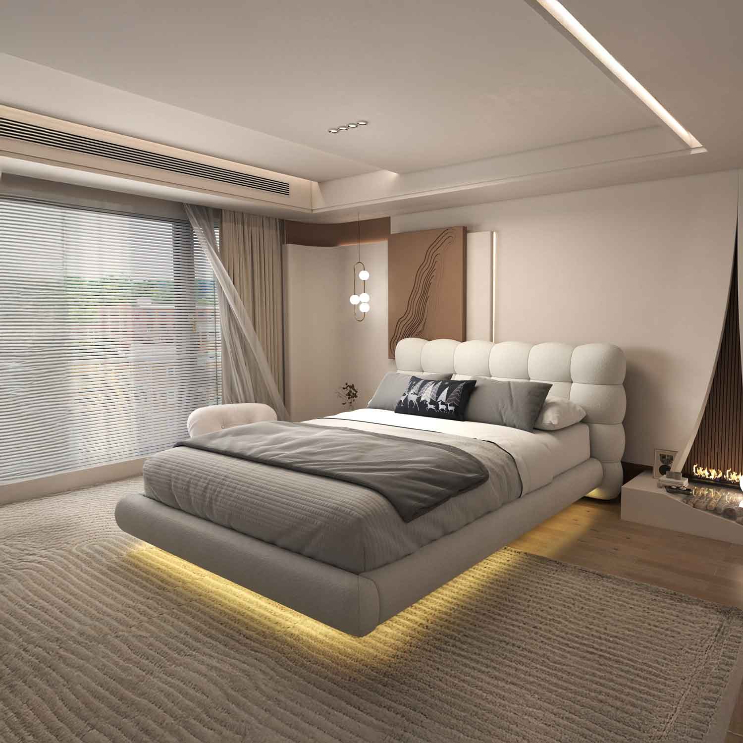 Pat dormitor dumonde, tapitat alb cu LED, "floating bed" Cloud 140x200 cm, somiera inclusa