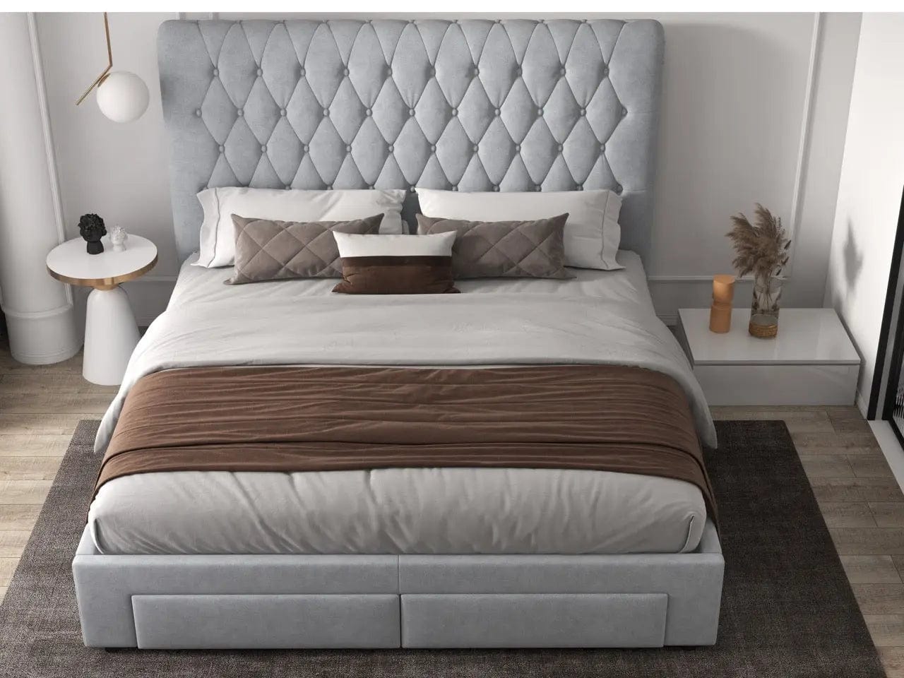 Pat dormitor dumonde, tapitat gri, Hypnos 180x200 cm, somiera inclusa, spatiu depozitare