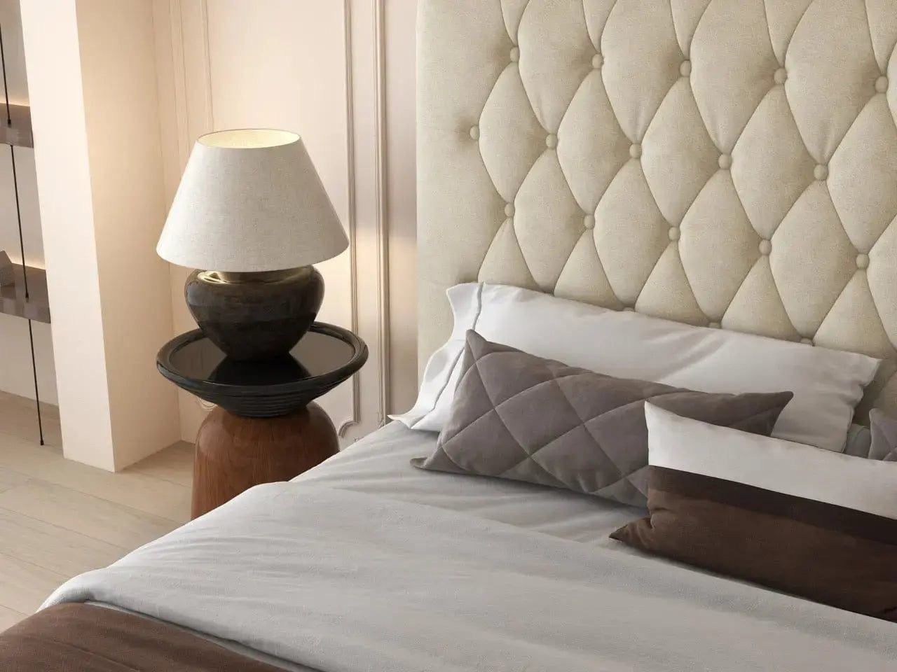 Pat dormitor dumonde, tapitat bej, Hypnos 180x200 cm, somiera inclusa, spatiu depozitare