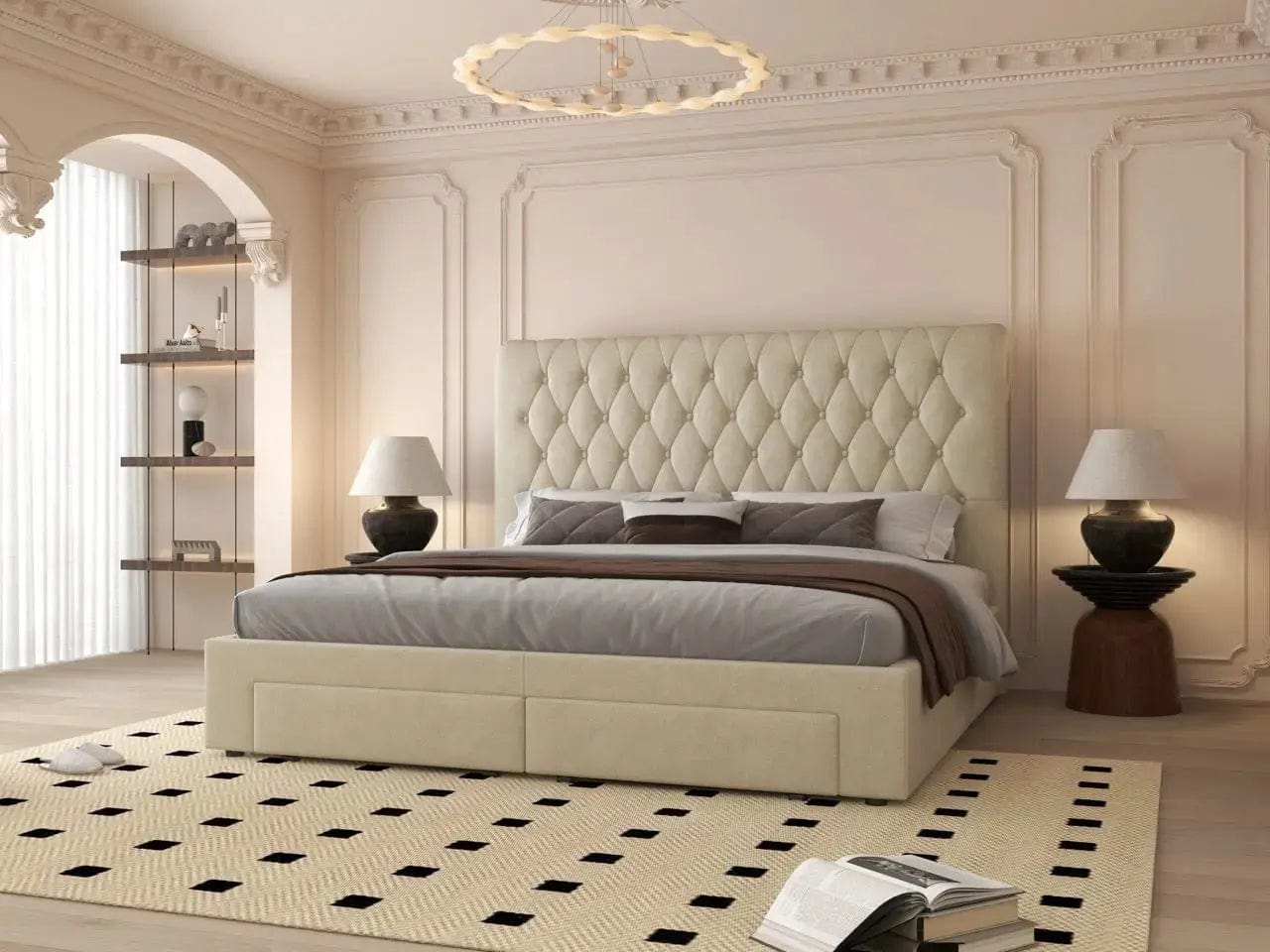 Pat dormitor dumonde, tapitat bej, Hypnos 180x200 cm, somiera inclusa, spatiu depozitare