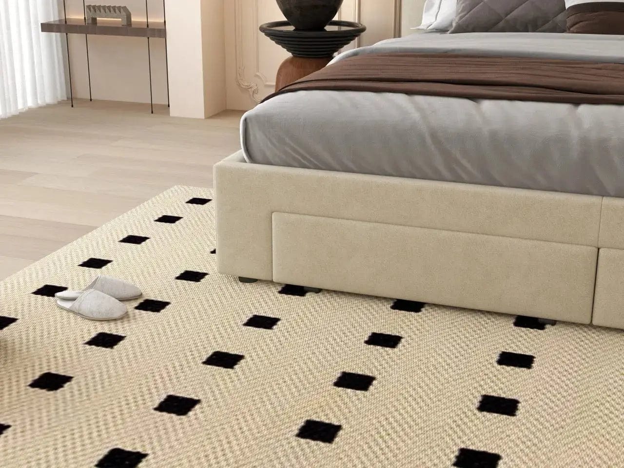 Pat dormitor dumonde, tapitat bej, Hypnos 180x200 cm, somiera inclusa, spatiu depozitare