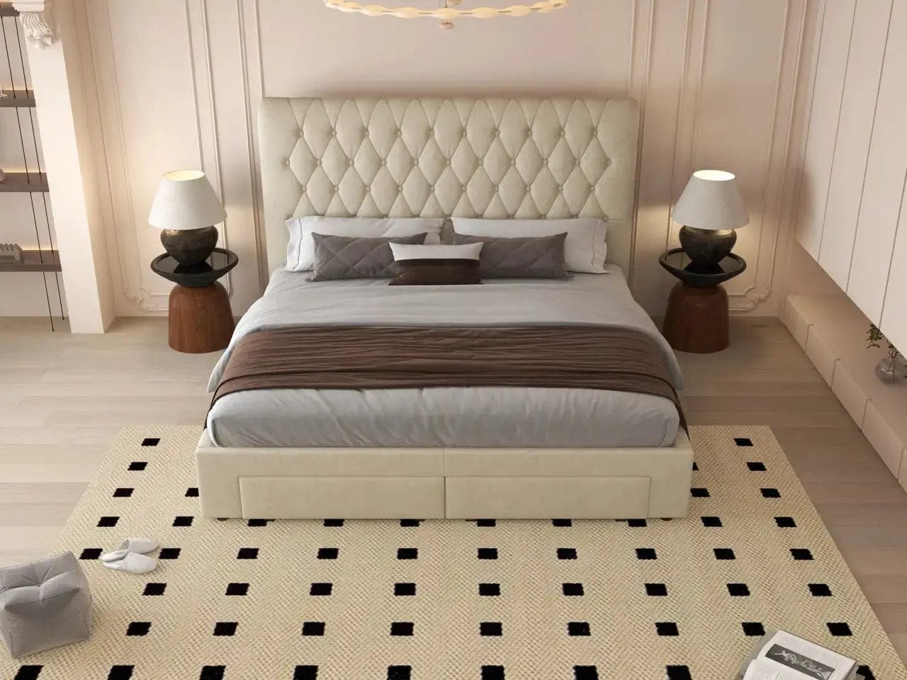 Pat dormitor dumonde, tapitat bej, Hypnos 180x200 cm, somiera inclusa, spatiu depozitare