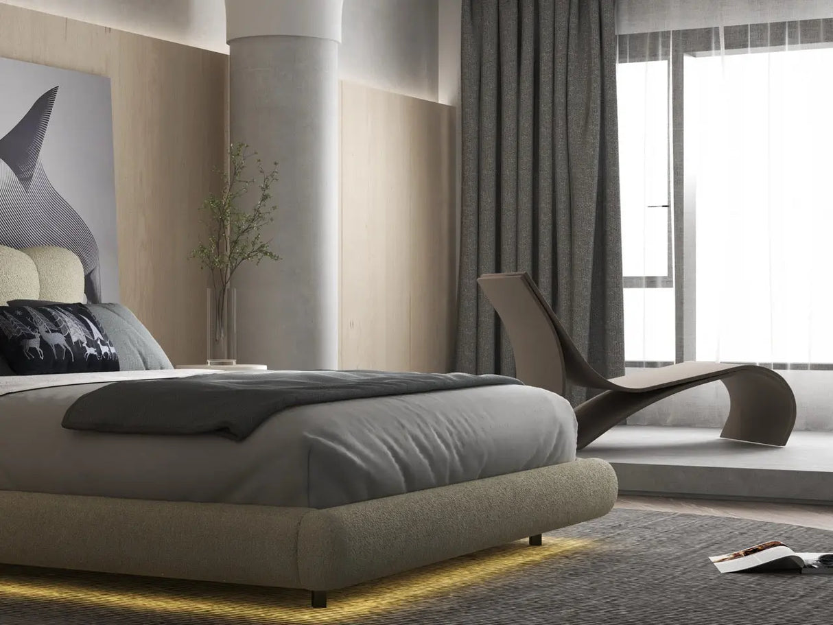 Pat dormitor dumonde, tapitat bej cu LED, "floating bed" Cloud 160x200 cm, somiera inclusa