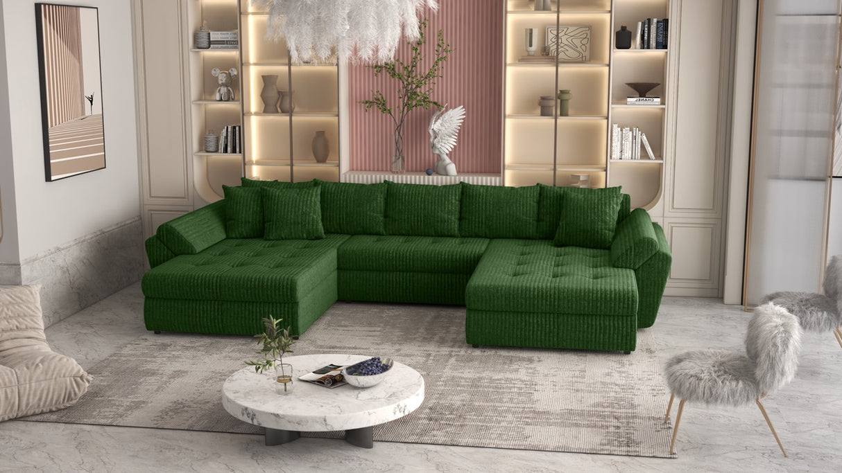 Colțar extensibil dumonde cu ladă de depozitare si sezut confortabil din spuma HR, Loana U Verde Ambience 355x185 cm