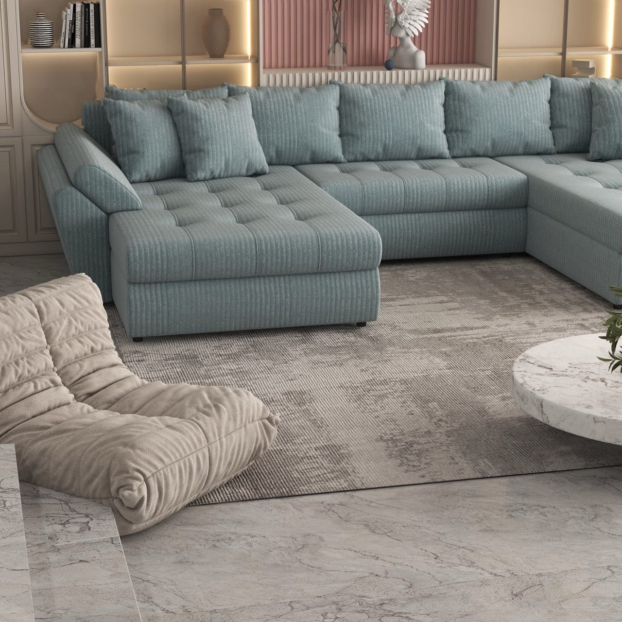 Colțar extensibil dumonde cu ladă de depozitare si sezut confortabil din spuma HR, Loana U Mint Ambience 355x185 cm Fabrica