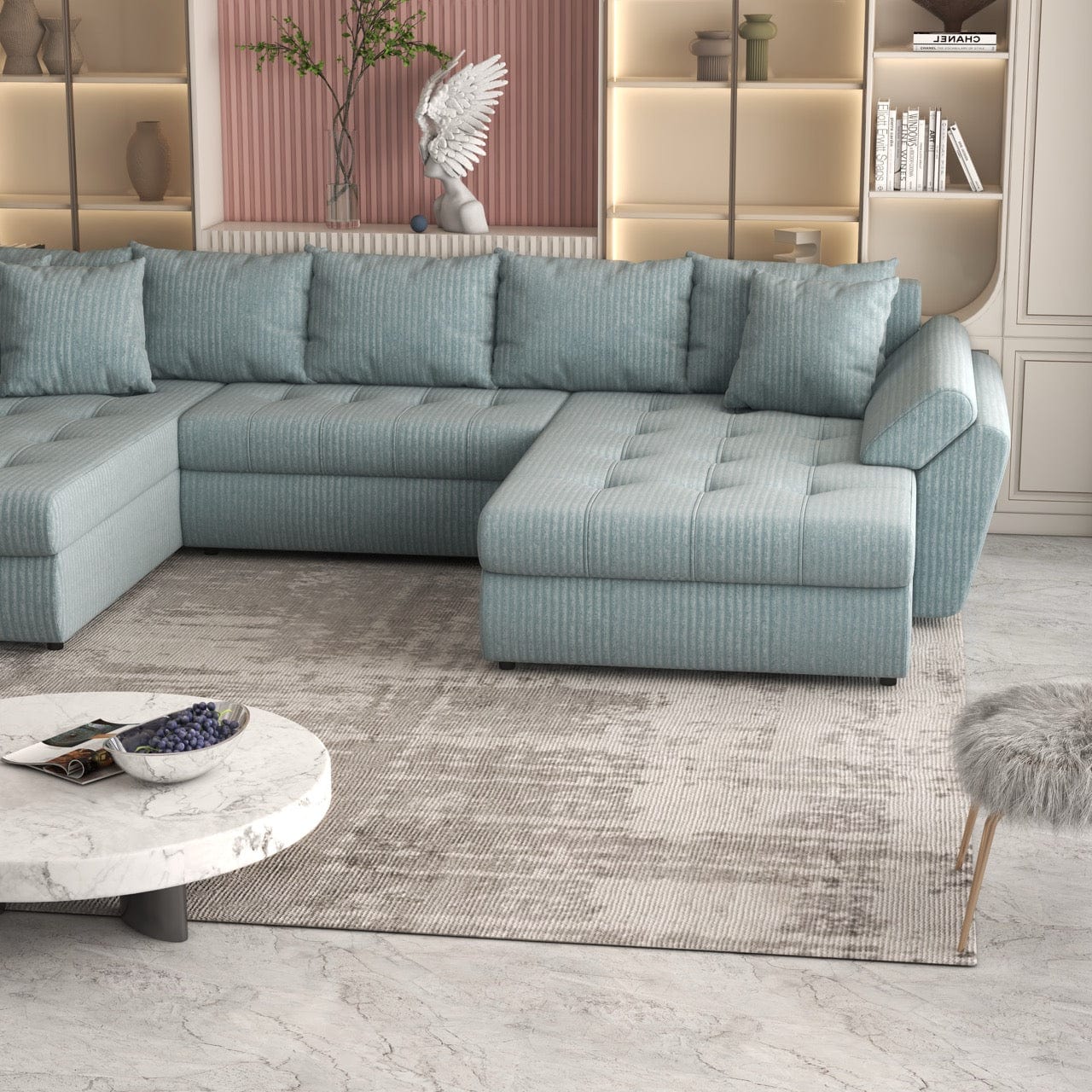 Colțar extensibil dumonde cu ladă de depozitare si sezut confortabil din spuma HR, Loana U Mint Ambience 355x185 cm Fabrica