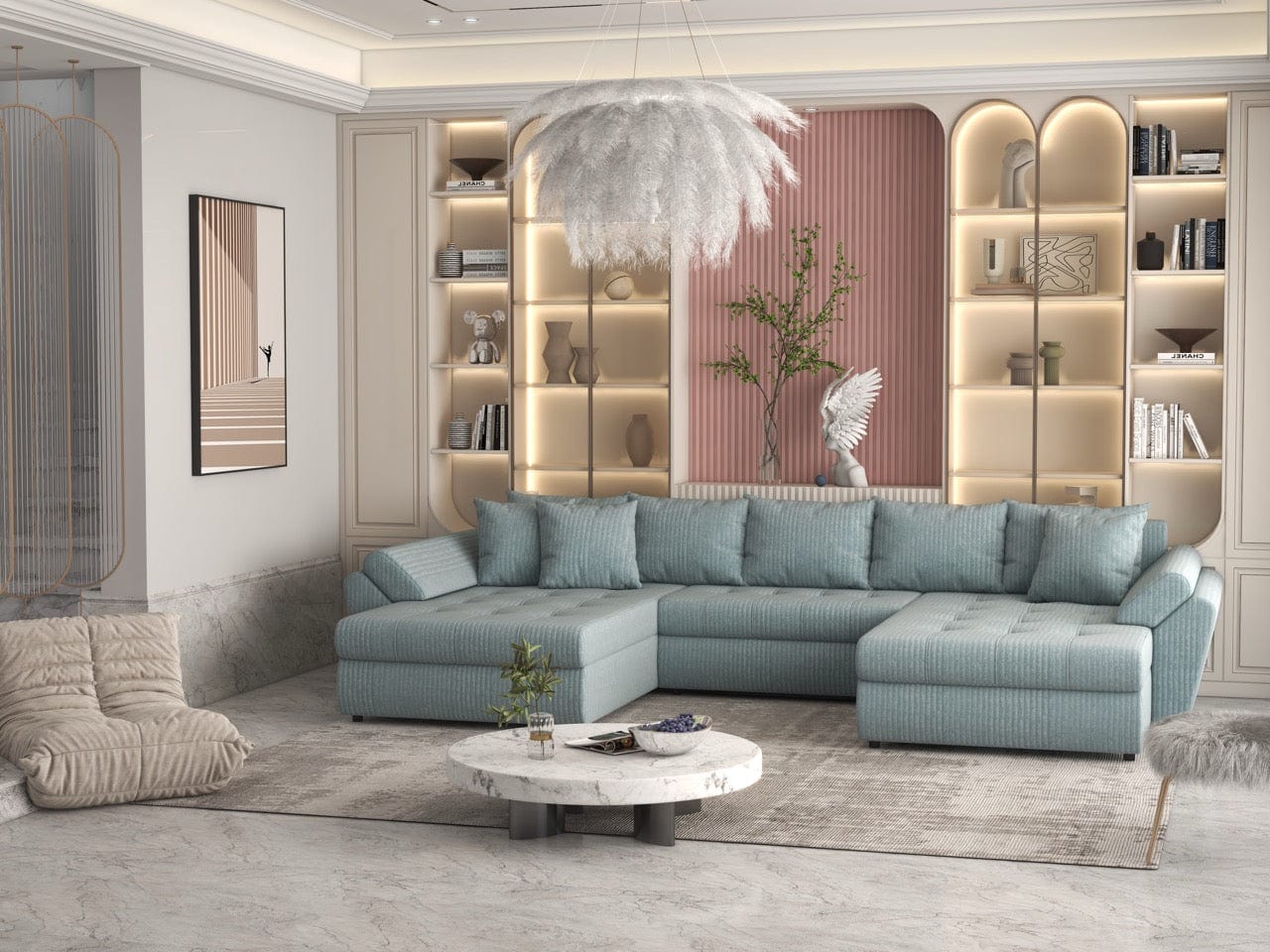 Colțar extensibil dumonde cu ladă de depozitare si sezut confortabil din spuma HR, Loana U Mint Ambience 355x185 cm Fabrica
