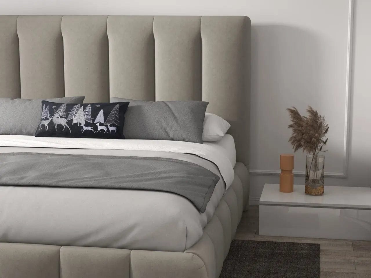 Pat dormitor dumonde, tapitat bej, Divaneo 140x200 cm, somiera rabatabila inclusa, spatiu depozitare